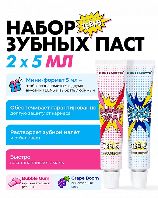 ЗУБНАЯ ПАСТА TEENS НАБОР МИНИ (BUBBLE GUM/GRAPE BOOM), 2ед. по 5мл ЗУБНАЯ ПАСТА TEENS НАБОР МИНИ (BUBBLE GUM/GRAPE BOOM), 2ед. по 5мл